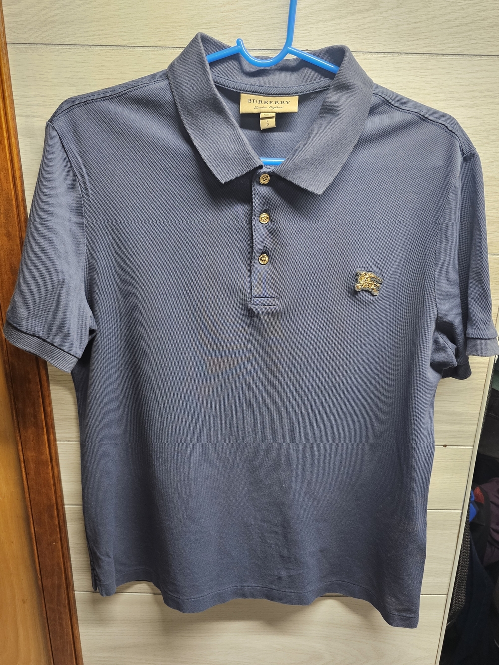 Burberry Men's Polo Shirt - Slate Blue with Gold Logo
